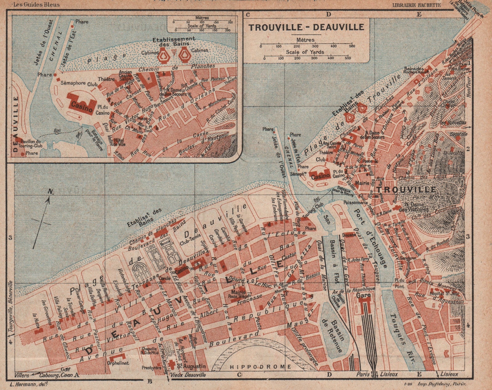 TROUVILLE-DEAUVILLE. Vintage town city map plan. Casino. Calvados 1926 old